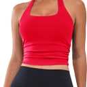 BMJL Womens Halter Built in Bra Workout Sports Tank Tops Buttery Longline Stappy Gym Crop Tops (Red, XL)