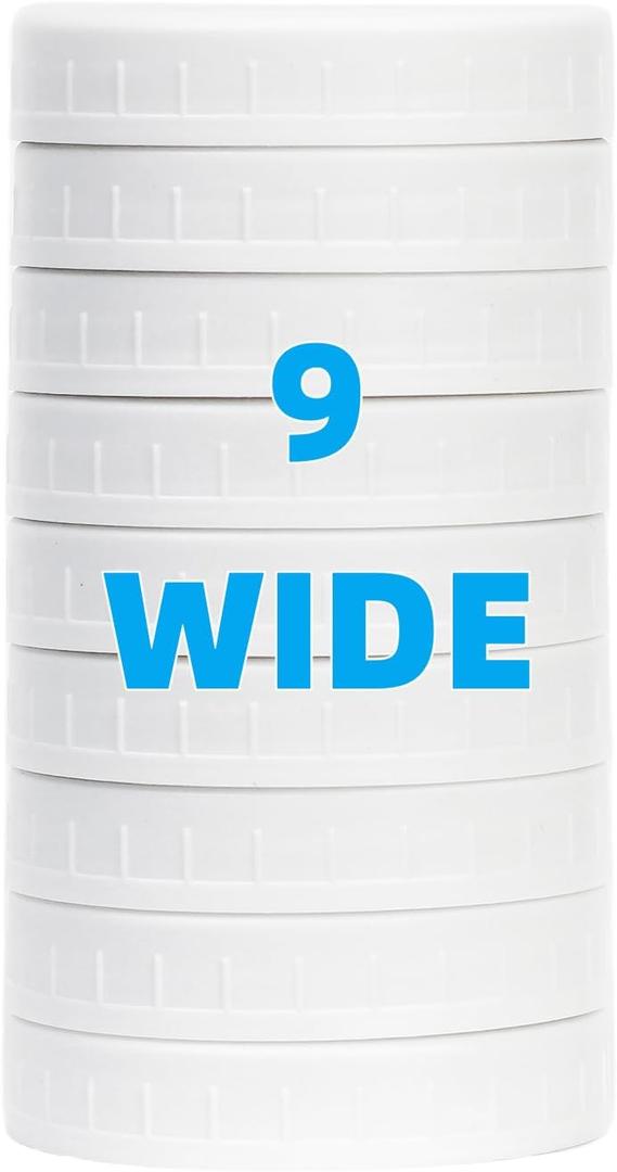 9 Pack White Wide Mouth Mason Jar Lids with Silicone Rings, Plastic Mason Jar Lids,Plastic Canning Lids, Fit Ball,Kerr and More (White)