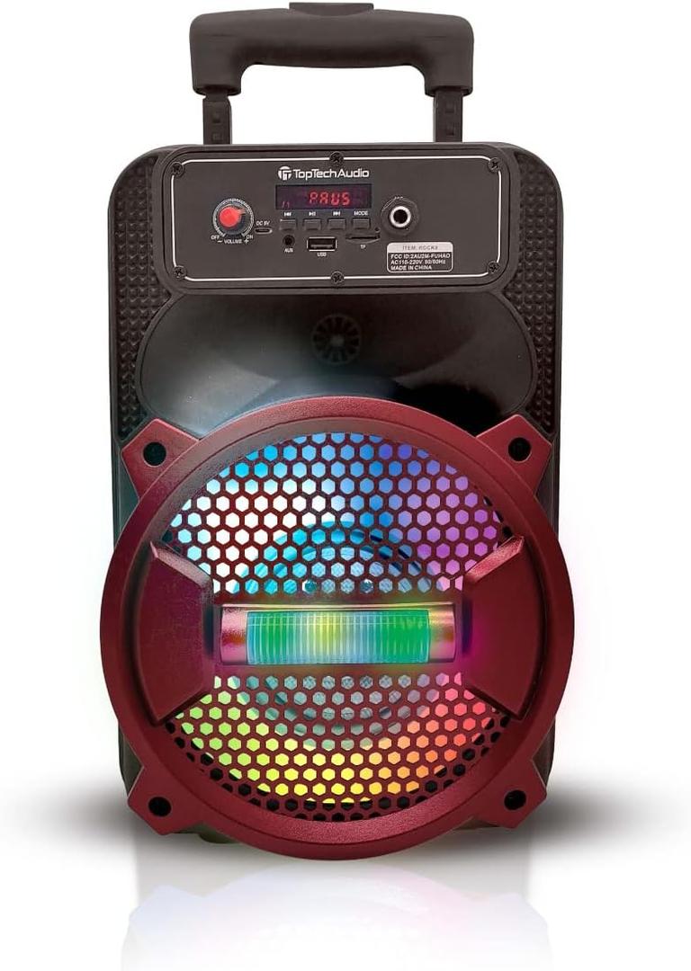 Top Tech Audio Rock-8 1500W Portable Bluetooth Speaker, 8-Inch Woofer, LED Lights, Rechargeable Battery, Wireless Streaming, USB, TF Card & AUX Input, FM Radio, Karaoke Microphone Included, Red