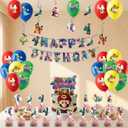 Mario Birthday Party Supplies, Super Bros Party Decorations Set Include Banner, Hanging Swirls, Cake Topper, Balloons, Cake Cupcake Toppers for Boys and Girls Theme Party
