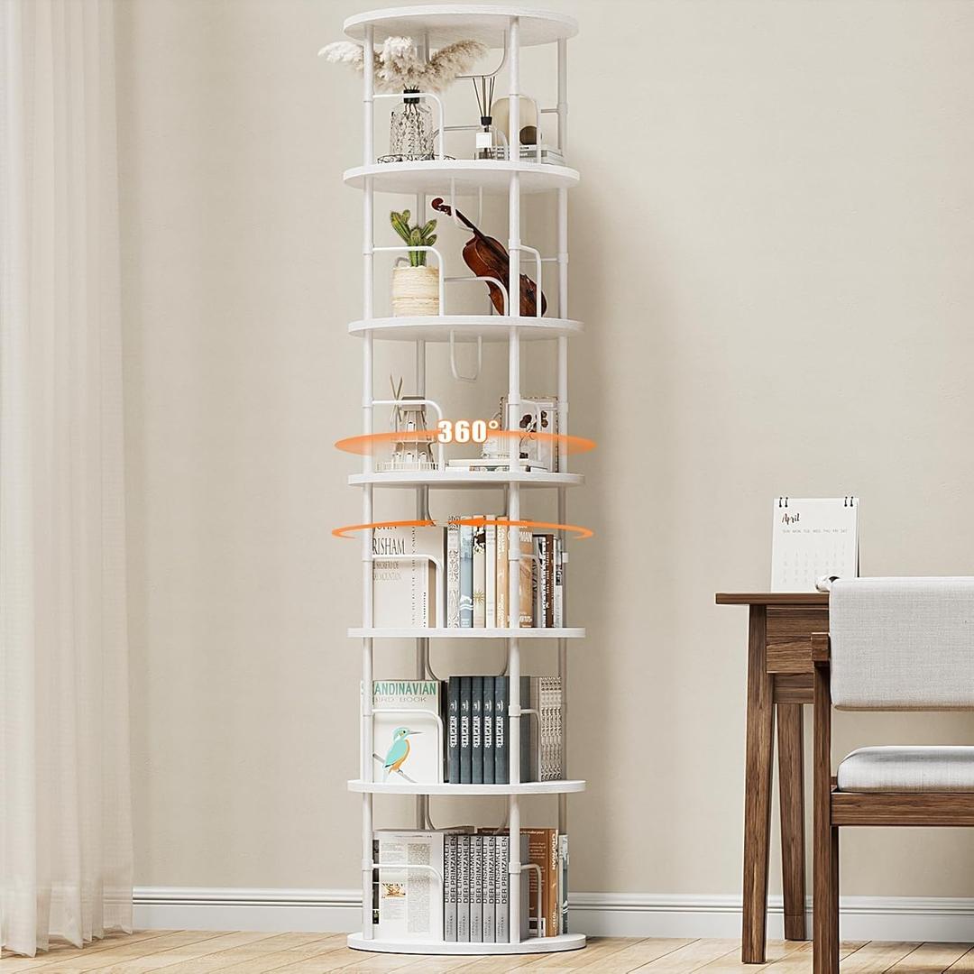 6 Tier Rotating Bookshelf, 360  Display Stackable Spinning Bookshelf Tower, Corner Bookshelf Tall Floor Standing Swivel Bookcase Narrow Storage Organizer for Bedroom, Living Room, White