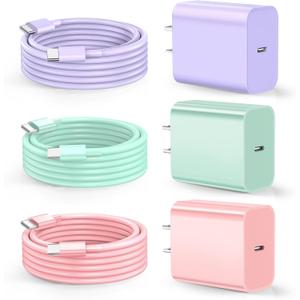 Dayaoncy Compatible with iPhone 17/16/15 Charge Fast Charging, 20W USB C Wall Charger with 3Pack 10FT USB C Cable, Type C Fast Charger Compatible with Phone/Android/Phone/Samsumg/Pad (Purple Green Pink)