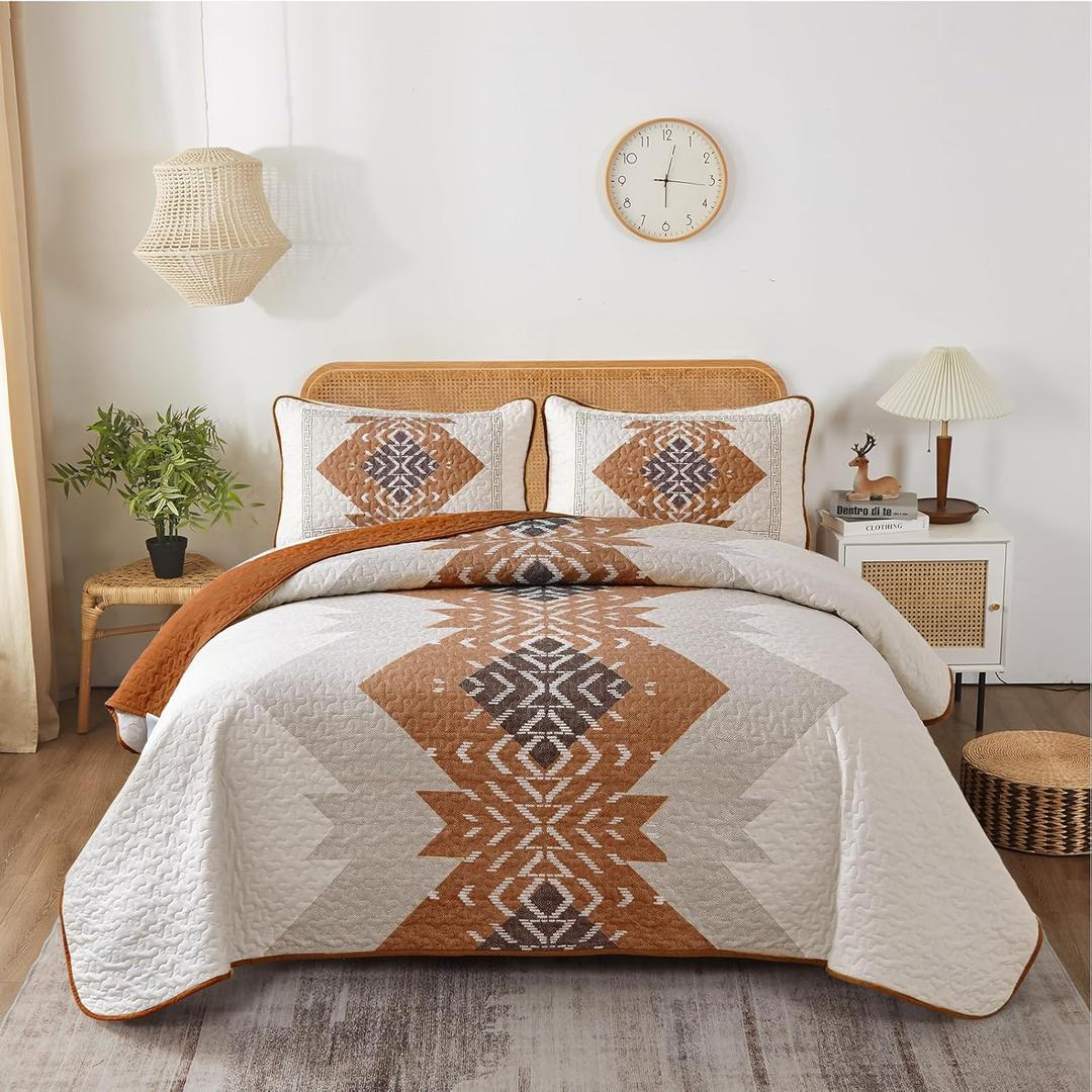Dintszyayue Boho Quilt Set King Size 3 Pieces Aztec Texture Bedspread Coverlet Set Bohemian Quilt Bedding Set Microfiber Lightweight Bed Cover for All Seasons (Terracotta, 90"x103")