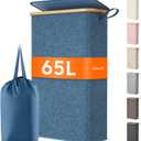 Lifewit 65L Slim Laundry Hamper with Lid, Narrow Laundry Basket with Removable Bag & Bamboo Handles, Fodable Thin Dirty Clothes Hamper for Laundry Collapsible Bin for Bathroom Bedroom Dorm, Dark Blue