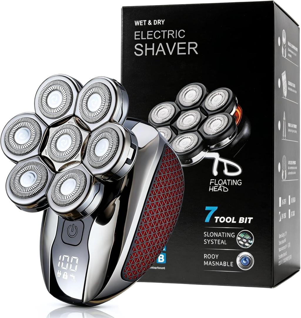 Head Shavers for Bald Men - 5-in-1 7D Floating Electric Bald Head Shavers for Men, IPX6 Waterproof Wet & Dry Use, LED Display Fast Rechargeable, Grooming Kit for Hair/Face/Beard