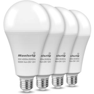 Maelsrlg 300W Equivalent LED Bulb, 30W 4000 Lumens Daylight 5000K, E26 Base, 120V, Non-Dimmable, 4-Pack  Replaces 300 Watt Light Bulb for Garage, Shop & Warehouse
