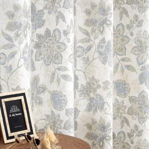 Central Park Floral Botanical Light Filtering Curtain Panel with Green and Blue Leaf for Rustic Farmhouse Linen Texture Grommet Top Window Treatment Drapes for Living Room Bedroom 52"x84", 2 Panels