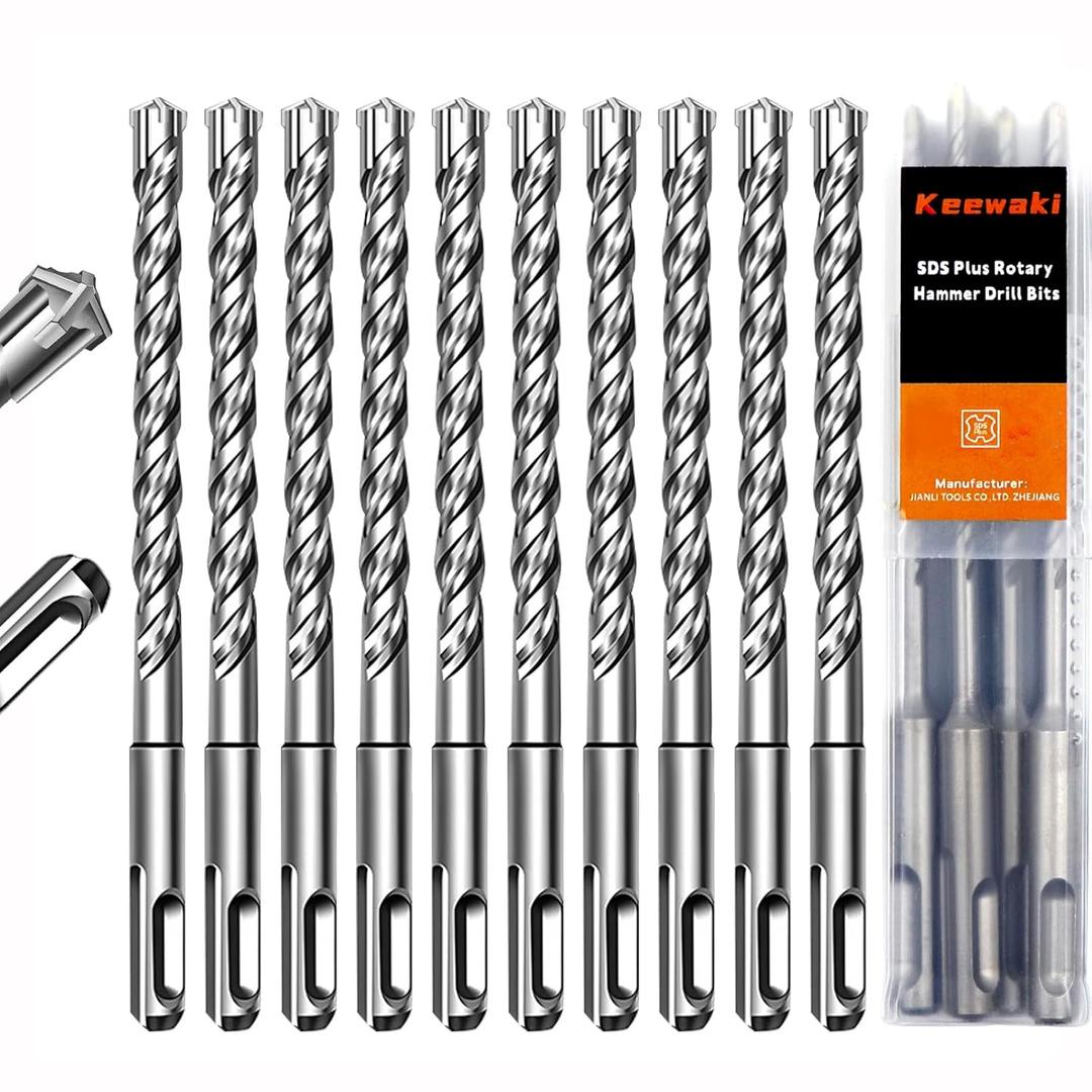 10 Pack 5/16" x 6" SDS Plus Rotary Hammer Drill Bits Set, Cross Carbide Tip, Heavy Duty Masonry Drill Bits for Concrete, Brick Hammer Drill Bits - Concrete Drill Bit Set