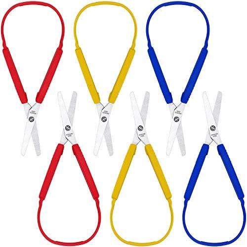 6 Pcs Loop Scissors for Teens and Adults 8" Adaptive Design Scissor Colorful Handle Self-opening Safety Scissors Looped Adaptive Cutting Support Special Needs for Children and Adults Daily DIY Craft (Yellow, Red, Blue)