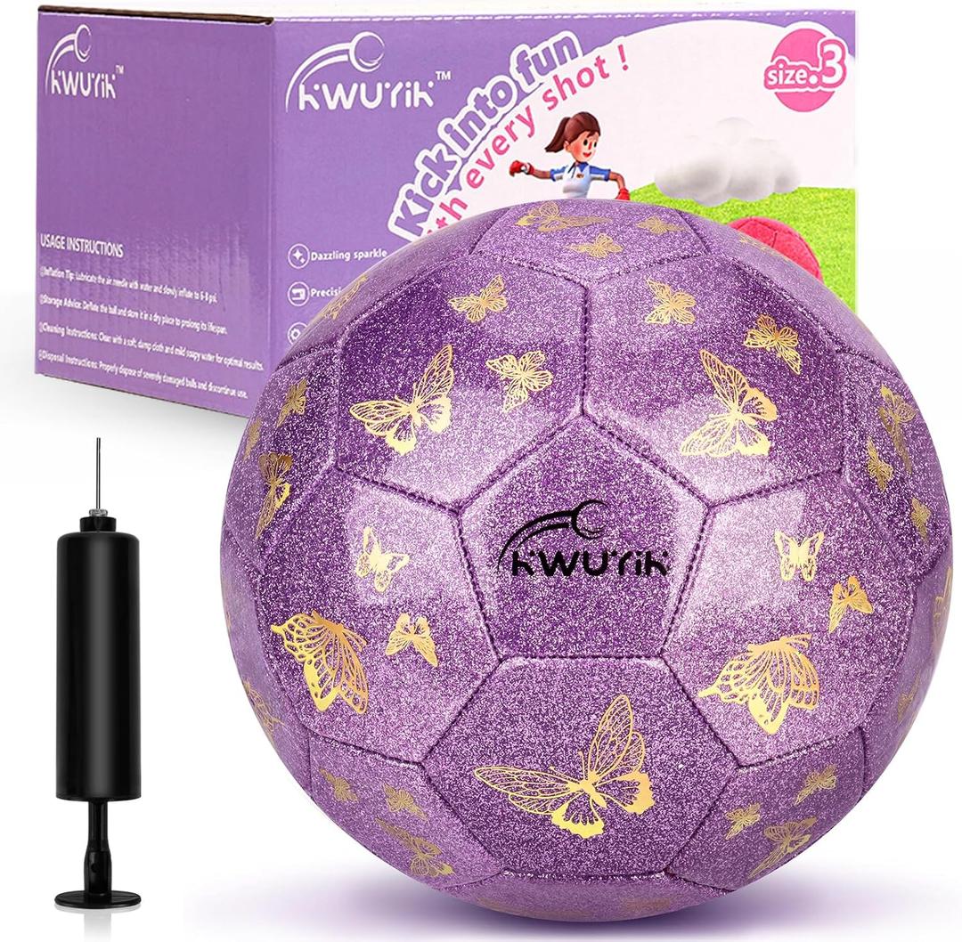 Soccer Ball Size 3 4 Purple Pink Glitter Butterfly Football for Kids Sparkle Gift for Boys Girls Toddlers Aged 3-8 8-12 Easter Birthday Present for Youth Kids Indoor Outdoor Practice