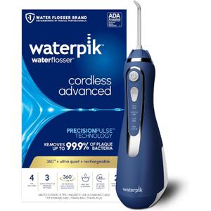 Waterpik Cordless Advanced 2.0 Water Flosser For Teeth, Gums, Braces, Dental Care With Travel Bag and 4 Tips, ADA Accepted, Rechargeable, Portable, and Waterproof, Blue WP-583