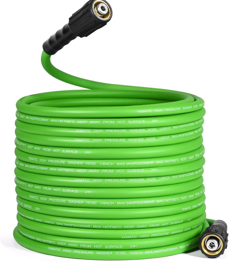 YAMATIC Flexible Pressure Washer Hose 75FT, 3400 PSI 1/4'' Power Washer Hose Replacement for Gas&Electric Washer, Kink Resistant Extension Leak-Free M22 Fittings, Green