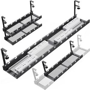 31Inch Extendable Under Desk Cable Management Tray Multi-Model Metal Cable Management Tray Under Desk Cord Management with Clamp Power Strip Cord Holder for Wire Cable Management, Black