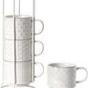 LE TAUCI Stackable Coffee Mugs Set with Stand, Ceramic Espresso Cups for Au Lait, Cappuccino,Latte,Cafe,Mocha,Tea, Suit For Housewarming Wedding- 8 oz, Set of 4,Arctic white