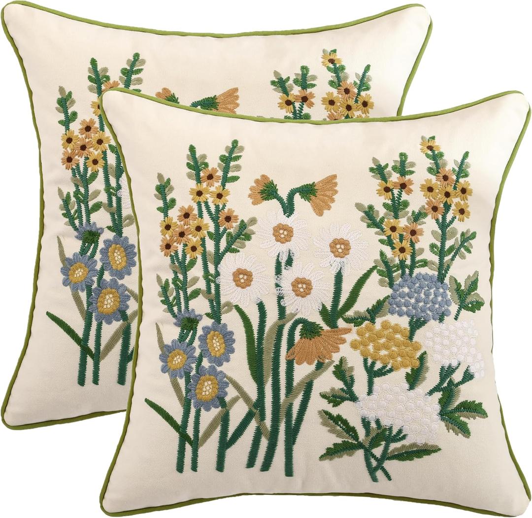 Holibeat Embroidery Floral Pattern Throw Pillow Covers 18x18 Inches, Set of 2 Couch Pillows Case for Bed Living Room Chair, No Insert (Yellow, 18 * 18 inch)