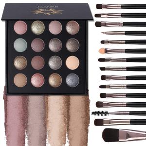 UCANBE Baked Eyeshadow Palette with 15PCS Brushes Makeup Set, 16 Color Natural Nude Matte Shimmer Metallic Eye Shadow Make Up Pallet for Women Girls, High Pigmented Long Lasting Waterproof