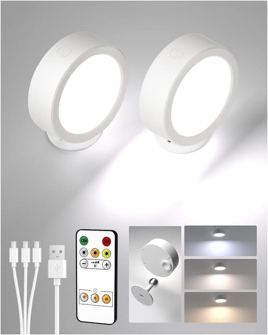 EZVALO LED Wall Mounted Lights, 2 Pack 5500mAh Rechargeable Wall Sconces Lamp, 3 Color Temps & Remote and Touch Control, 360°Rotation Dimmable Cordless Wall Light for Bedroom Reading Study (White)
