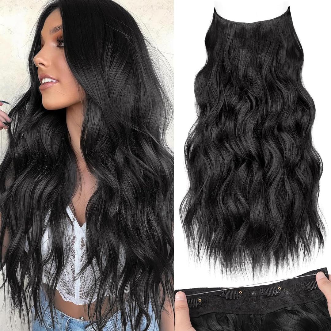 KooKaStyle Invisible Wire Hair Extensions with Transparent Headband Adjustable Size 4 Secure Clips Black Long Wavy Hairpiece 20 Inch for Women