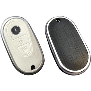 Compatible with Mercedes Benz Key case Key fob Cover Real Wood Veneer Genuine Leather Key Fob Shell Gift C GLC E S ect 2022-2023-newer (Anthracite Ash, White Leather)
