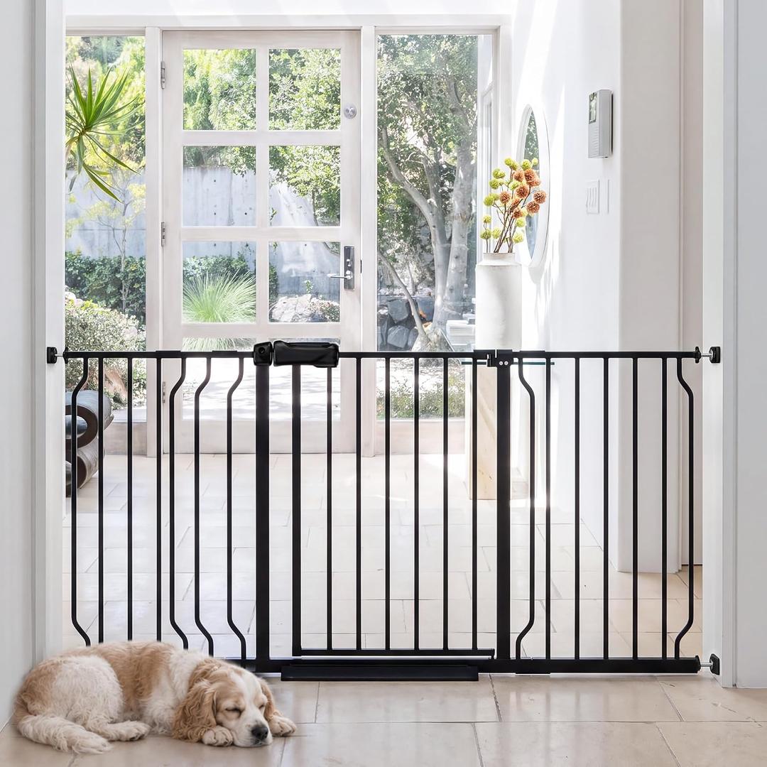 Extra Wide Baby Gate with Door, 52.76~62.2 Inch Wide Presure Mounted No Drill Metal Auto Close Child Gate for Stair Doorway - Indoor Outdoor Safty Gate for Toddler Dog Doggie, Black