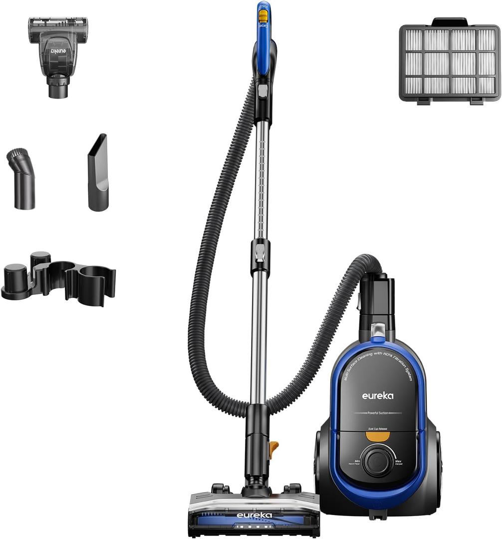 Eureka Bagless Canister Vacuum with Washable HEPA Filter, 16KPA Suction for Carpets/Hard Floors, Compact Design with 3 Cleaning Tools, 2-Motor Household Vacuum, Lightweight and Easy Maneuverable (Indigo Blue)