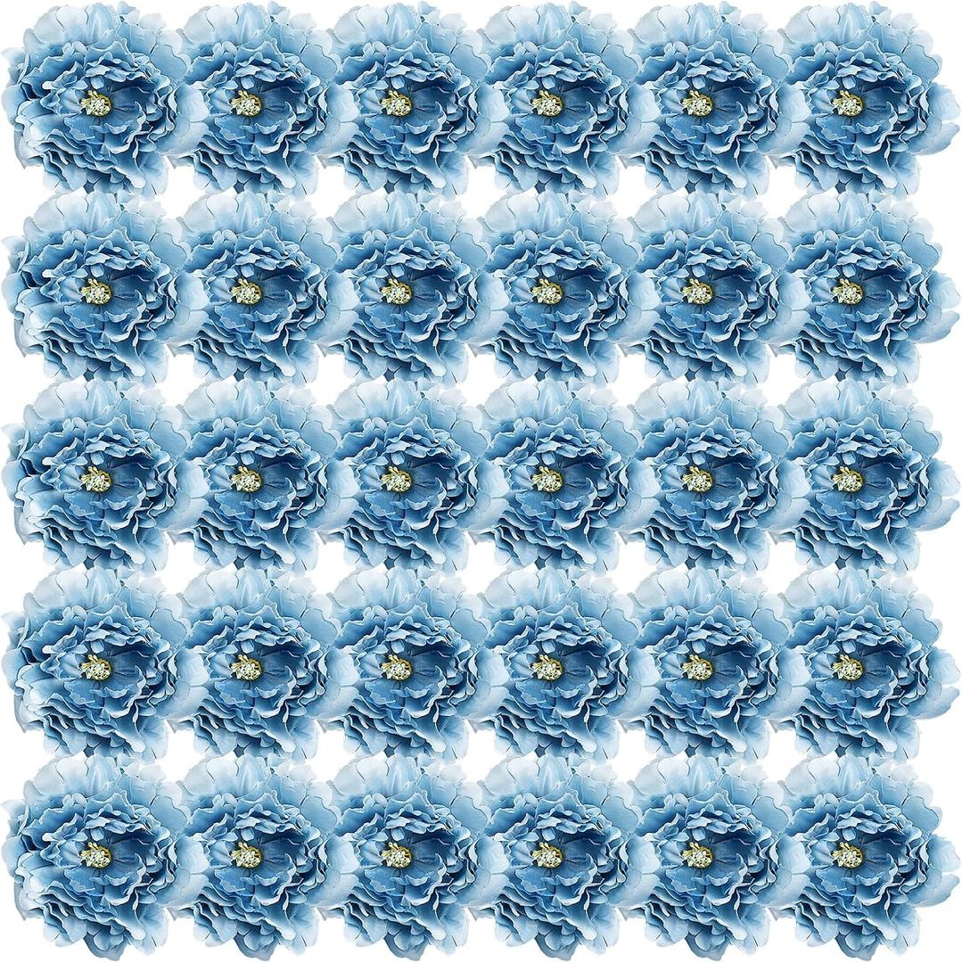 30 Pcs Blue Artificial Peonies Flower Heads 5'' for Craft | Fake Silk Peony with Stems for Wedding Bouquets Table Centerpieces DIY Floral Arrangements Baby Shower Party Home Decor