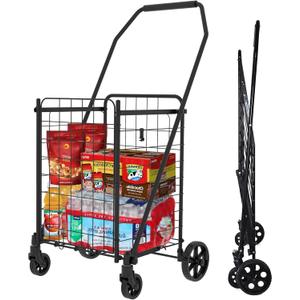 Folding Shopping Carts for Groceries, Lightweight Grocery Cart on Wheels, 360 Swivel Wheels Utility Cart with Pocket Bag, Small Portable Utility Carts for Laundry, Luggage, Holds 100 LBS (Door Openable, Black)