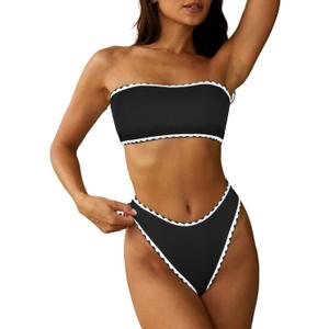 ZAFUL Women Strapless Textured Bandeau Bikini 2 Piece Swimwear Cheeky Solid Lace up Bathing Suits (Medium, 4-black-teeth)