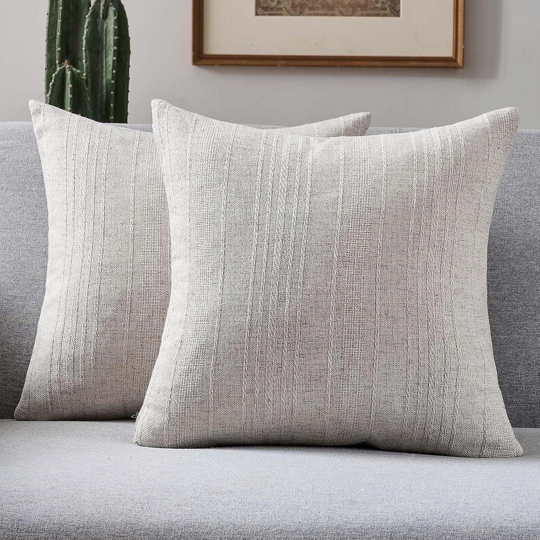 FUTEI Natural Decorative Throw Pillow Covers 20x20 Inch Set of 2,Soft Linen Striped Texture Cushion Case,Farmhouse Home Decor for Couch Bed Living Room