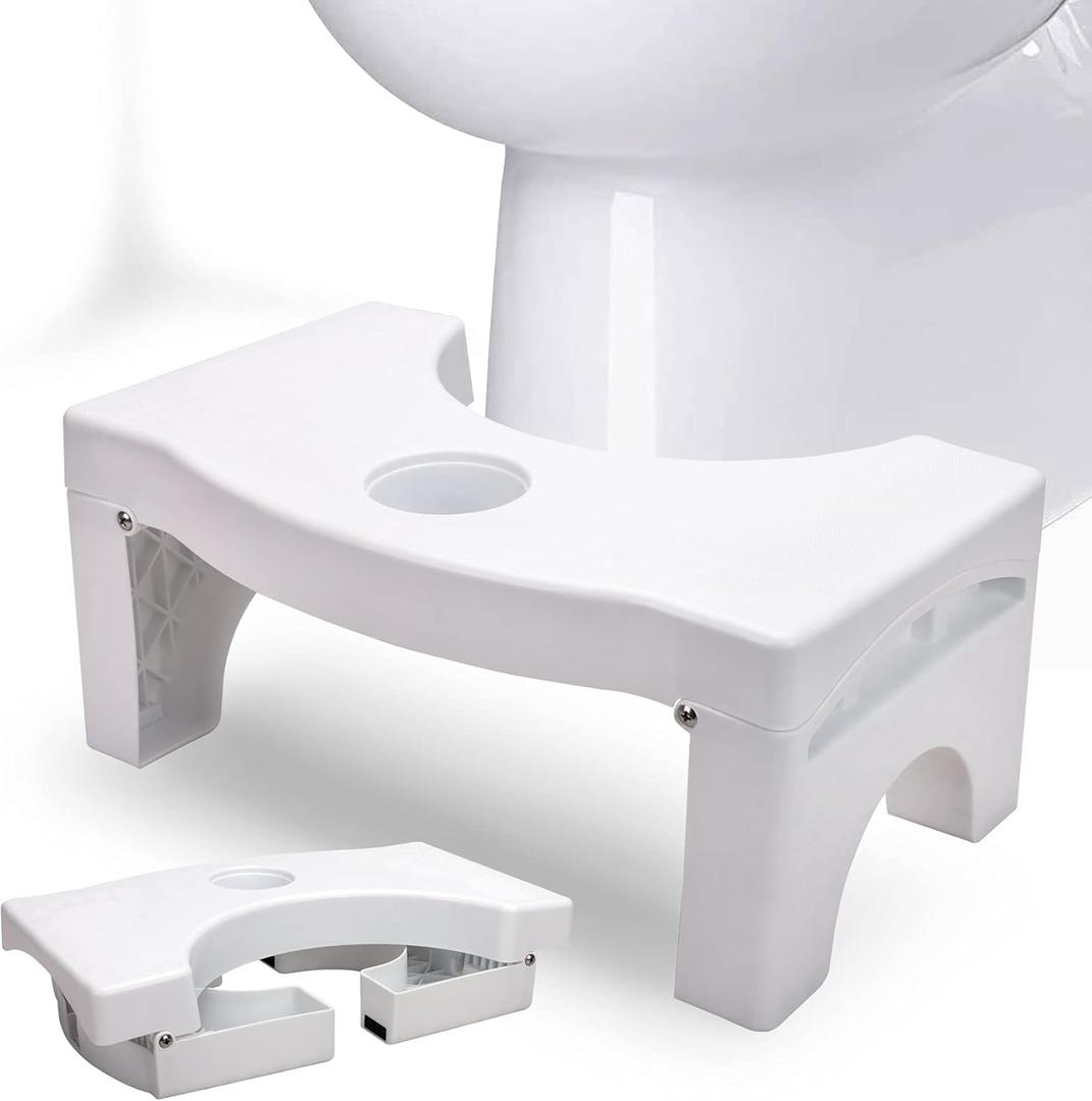 Foldable Toilet Potty Stool for Adults, 7" Heavy Duty Portable Squatting Poop Foot Stool with Freshener Space, Bathroom Non-Proof Toilet Assistance Step Stool fits 14"-16" Standard Toilets (White)