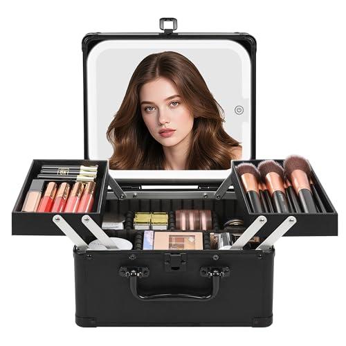 Chomeiu Makeup Bag with Mirror, Travel Train Case Large Cosmetic Organizer with 2 Trays and Vanity Mirror with LED Lights, Brush Holder Storage Box Suitcase for Nail Kits Cosmetics Craft, Black