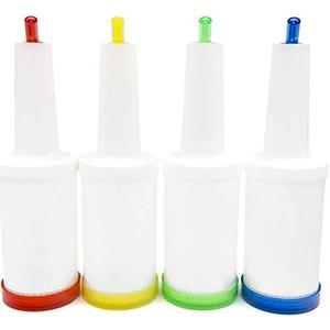 Pour and Store Flow N Stow Juice Bottles (32oz / 1 Quart, Set of 4) – Commercial Grade Bar Pourers color coded with Spout and Lid for Effortless Mixing, Pouring, and Storage