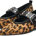 Studs Buckle Strap Ballet Flats Shoes for Women Pointed Toe Ballerina Shoes Mary Jane Flats Comfortable Casual Date Work Driving Dress Shoes (7, Leopard)