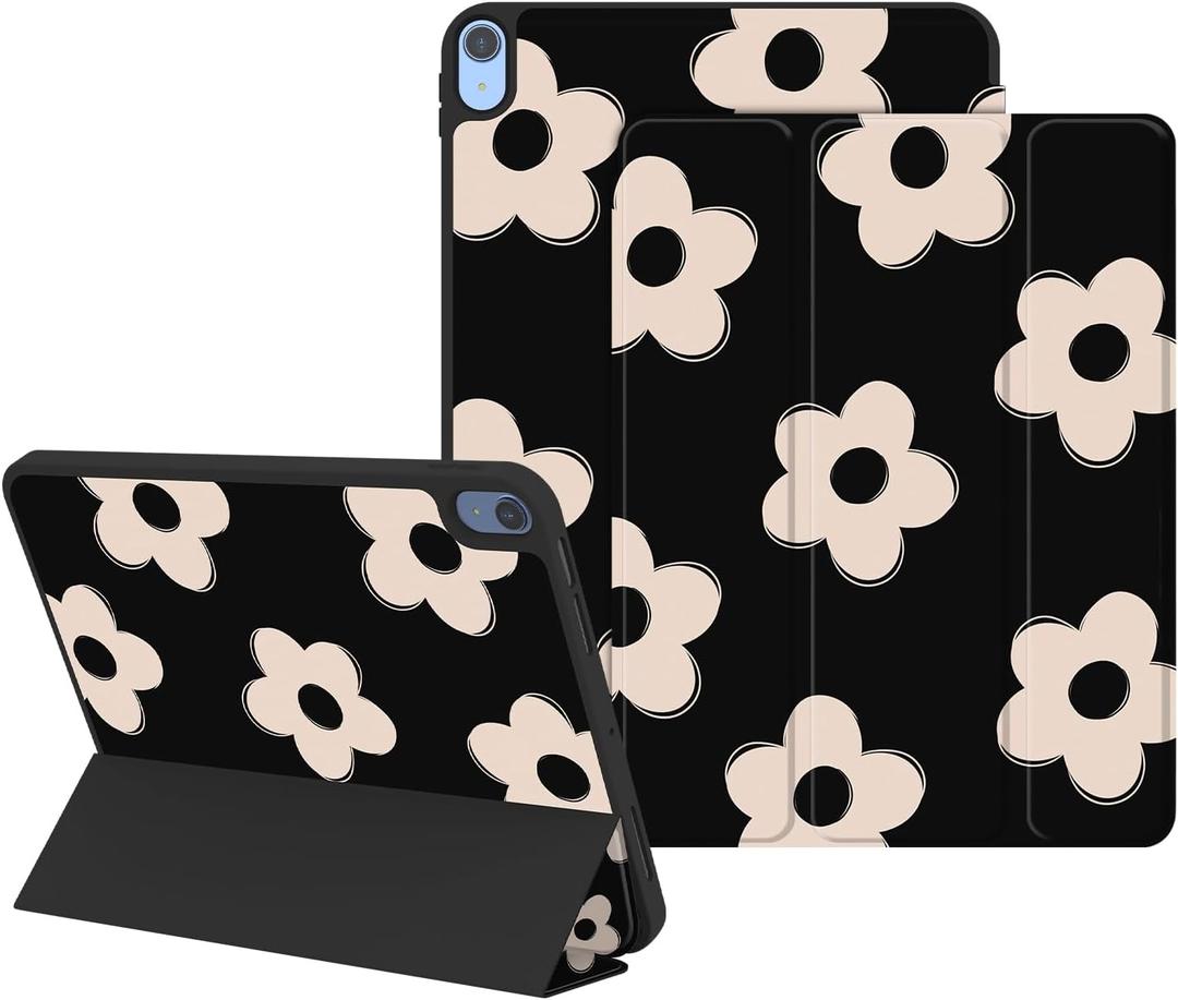Case for iPad (A16) 11th Generation 11 Inch 2025, iPad 10th Generation 10.9 Inch 2022, Protective Case with Pencil Holder, Trifold Smart Stand Cover with Cute Pattern for Girls, Black Flowers
