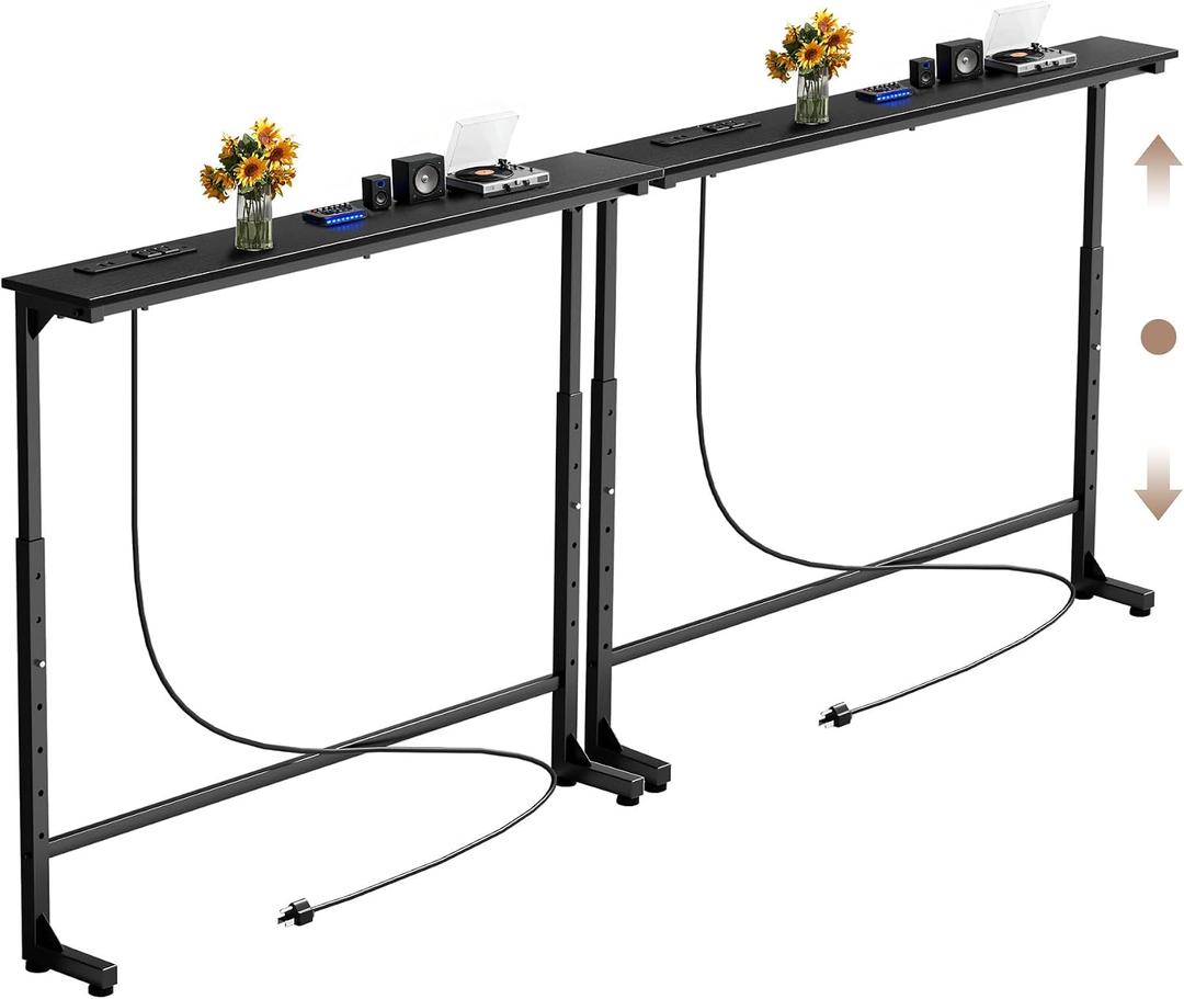 Keelian 70 inch Narrow Console Table with Outlet,Adjustable Height(25"-37") Behind Sofa Table,Couch Behind Table Skinny,Couch Shelf with Charging Station,Long Entryway Tables for Living Room,Black