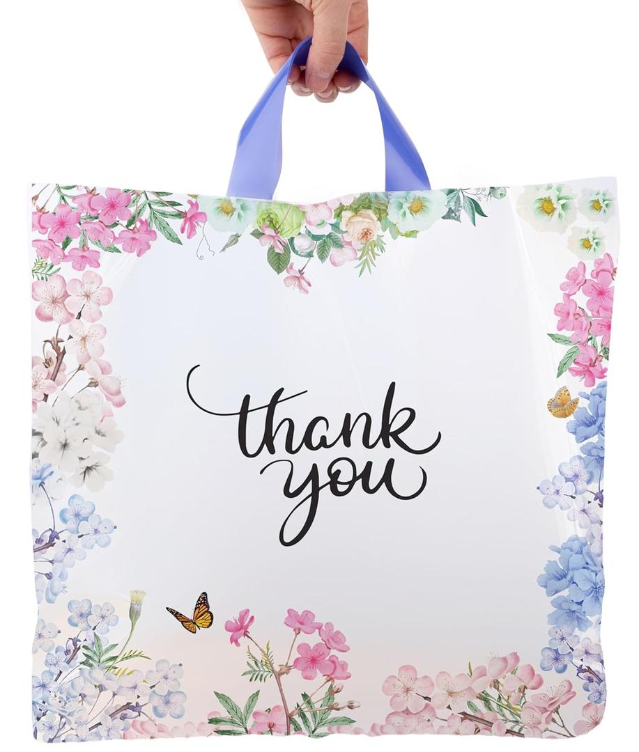 Purple Q Crafts Thank You Bags With Soft Loop Handle for Business Retail, Boutique Bulk 50 Pack 15" W x 12" H Floral Plastic Shopping Bags/Gift Bags Perfect For Mothers Day