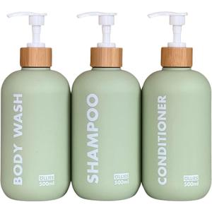 Shampoo and Conditioner Dispenser, Shower Soap Dispenser for Bathroom-Set of 3 with Permanent Stylish Label-17oz, 500ml Refillable Shampoo and Conditioner Bottles Green