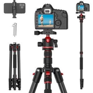 XXZU 74" Camera Tripod for DSLR/Monopod,360Ball Head,Quick Release Plate,Phone Holder,Aluminum Lightweight Compact Travel Tripod Stand,Camera Tripod Compatible with DSLR/Phone,Max Load 10KG/22.05LB (Black-red)