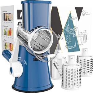Cambom Rotary Cheese Grater Hand Crank Cheese Shredder for Fresh Cheese, Vegetable, Nuts,Non-slip Suction Base, Free Cleaning Brush Three Blades,Deep Blue