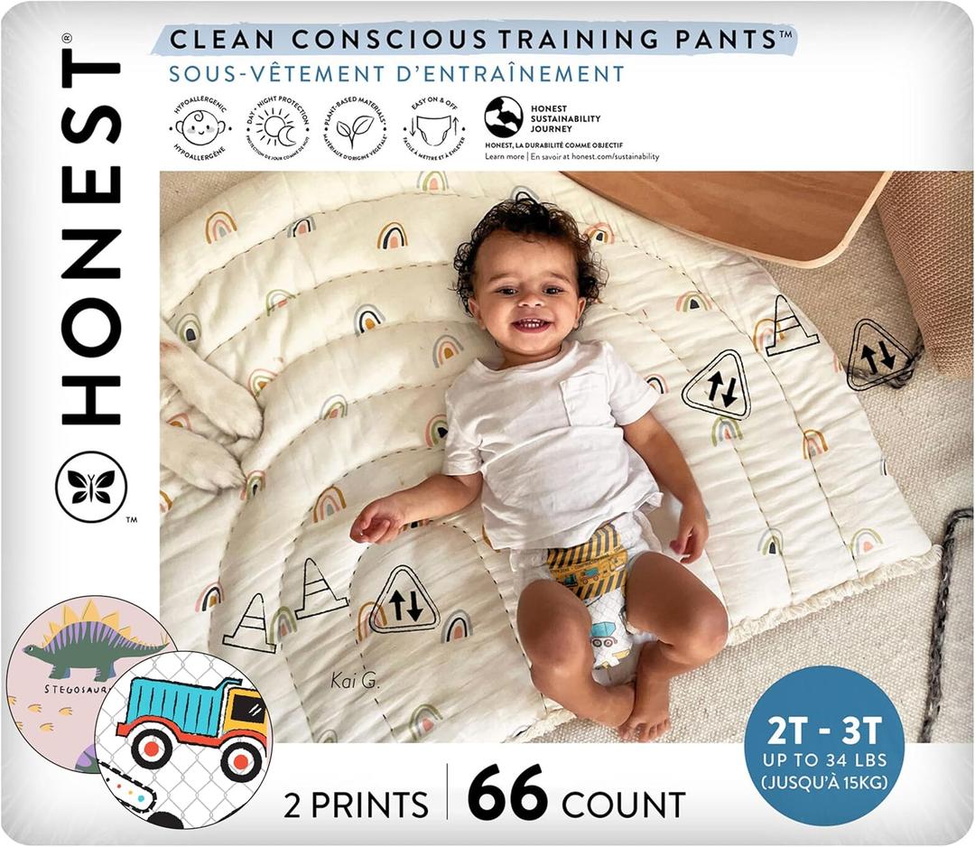 The Honest Company Clean Conscious Training Pants for Sensitive Skin, Hypoallergenic, Fragrance-Free, Rompin' & Stompin' Diggin' It Size 2T/3T (up to 34 lbs), 66 Count
