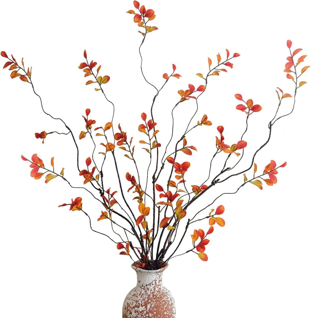 4 Pcs Fall Stems Artificial Ficus Branches, 47.2 Inch Faux Eucalyptus Stems Fall Decor, Fake Leaves Fall Decorations for Home, Autumn Table Decor Fall Branches for Vase Filler Centerpieces