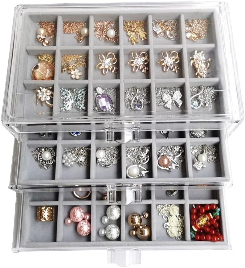 YUFONG Earring Organizer Box Acrylic Jewelry Organizer with 3 Drawers 54 Adjustable Grids Clear Stackable Earring Holder Velvet Trays Ring Display Case for Women Girls (Gray)