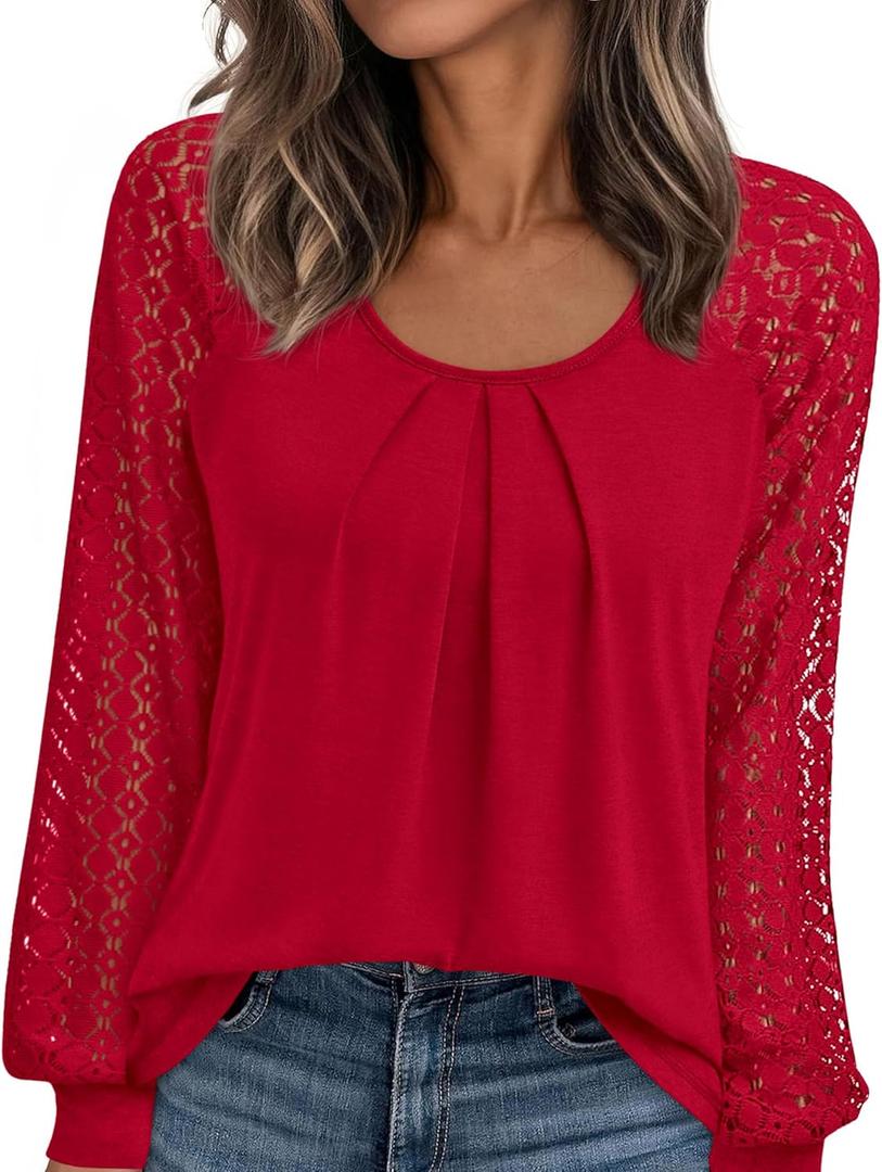 PRETTYGARDEN Womens Long Sleeve Shirts Lace Tops 2026 Spring Fashion Outfits Dressy Casual Blouses Work Clothes (Large, Red)