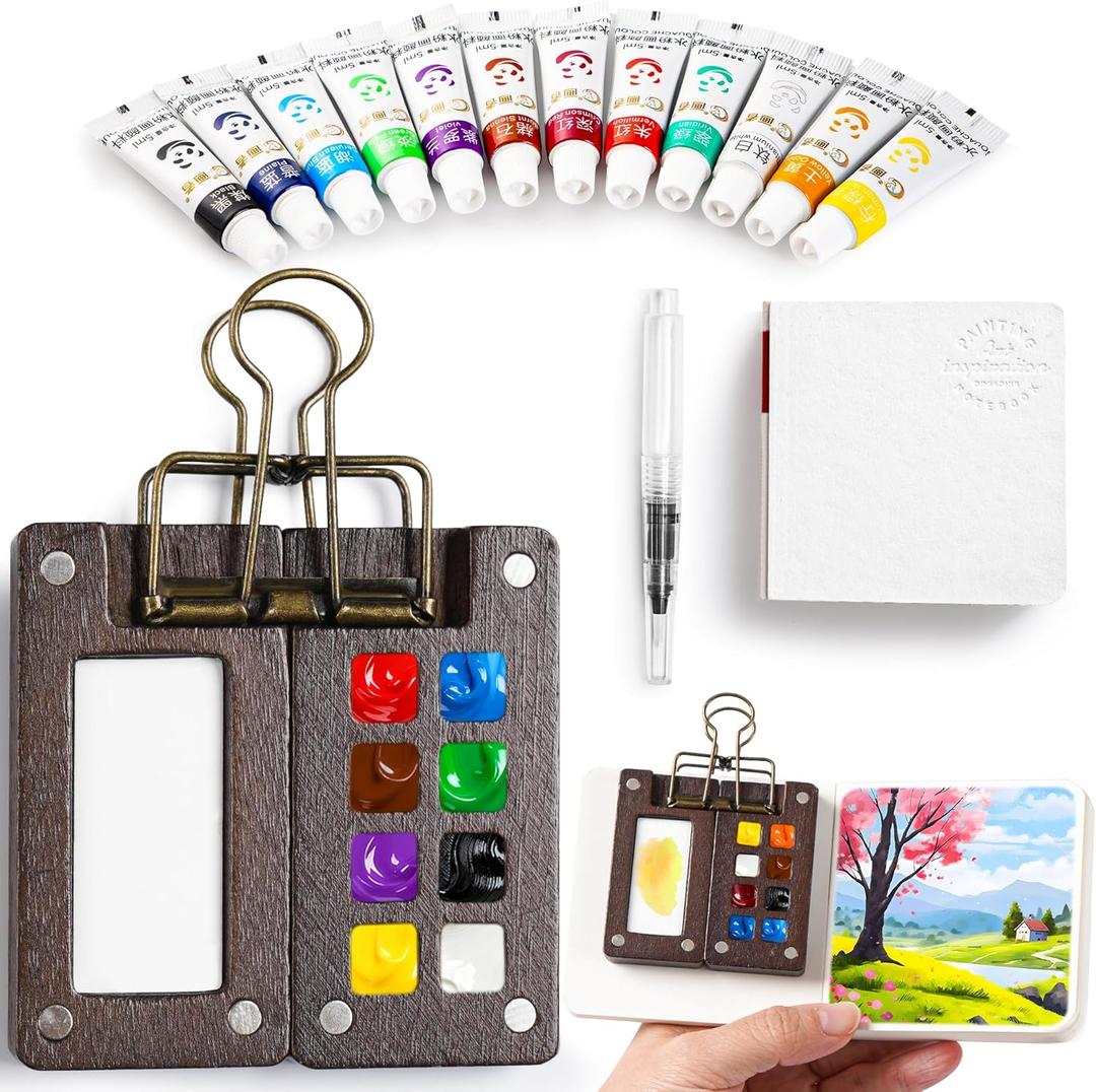 Mini Watercolor Paint Set, 12 Colors Portable Pocket Water colour Travel Kit with 8 Grid Wood Paint Palette, Sketchbook, Metal Clip, Water Brush for Painters Artists Students