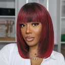 Bob Wig with Bangs Human Hair 1B/99j Highlight Wig Human Hair Short Hair Wigs for Black Women 2.5X1 inch Bob Wig Human Hair Glueless 14Inch Middle Part Straight Bang Wig