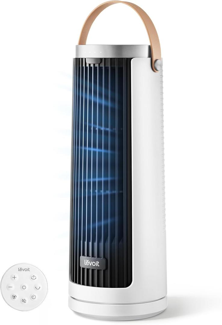 LEVOIT Tower Fan for Bedroom, 20dB Quiet Desk Fan with 23ft/s, Portable & Easy to Carry, 3-Angle & 4-Speed Mini Oscillating Fan, DC Motor, Bladeless, Remoter, 12H Timer, for Home, Room, Office, White