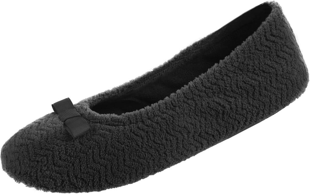 isotoner Women's Diamond Microterry Ballerina Slippers (9.5-10.5, Black Chevron)