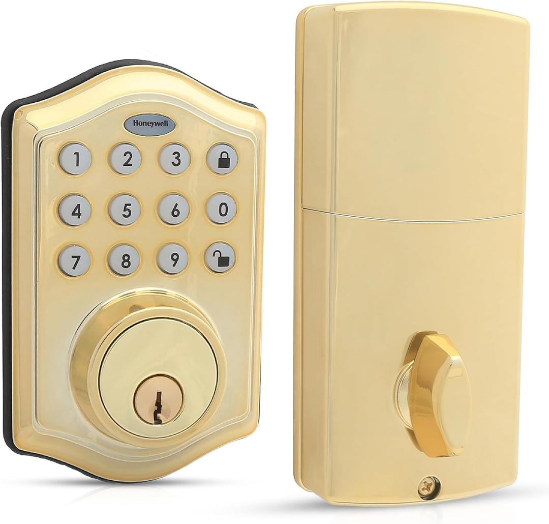Honeywell Safes & Door Locks - Keyless Entry Door Lock with Smart Electronic Keypad Deadbolt - Easy Installation & 50 Different User Pin Codes - Auto Lock - Polished Brass - 2.9 x 2 x 6.2 in - 8712009
