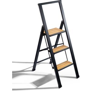 Step Ladder 3 Step Folding, Decorative - Beautiful Bamboo & Black Aluminum, Ultra Slim Profile, Anti Slip Steps, Sturdy-Portable for Home, Office, Kitchen, Photography Use,by SORFEY