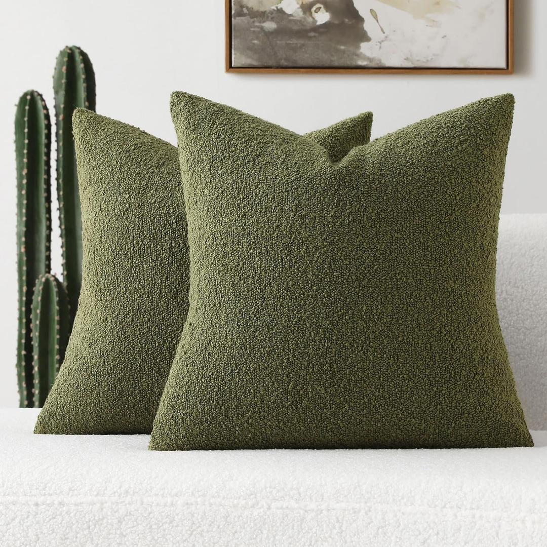 FUTEI Pack of 2 Moss Green Decorative Throw Pillow Covers 18x18 Inch Soft Cozy Solid Boucle Textured Cushion Case,Modern Home Decor for Couch Bed Living Room
